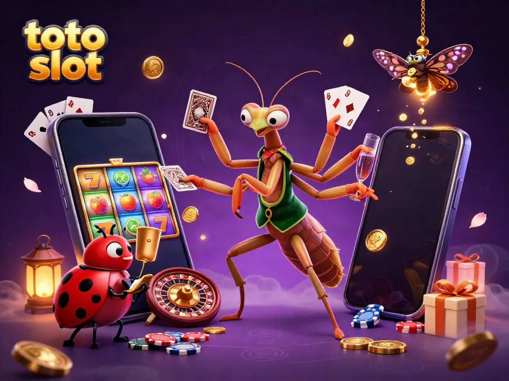 Engaging scene showcasing the "toto slot" concept with a playful mantis and ladybug in a lively casino setting.