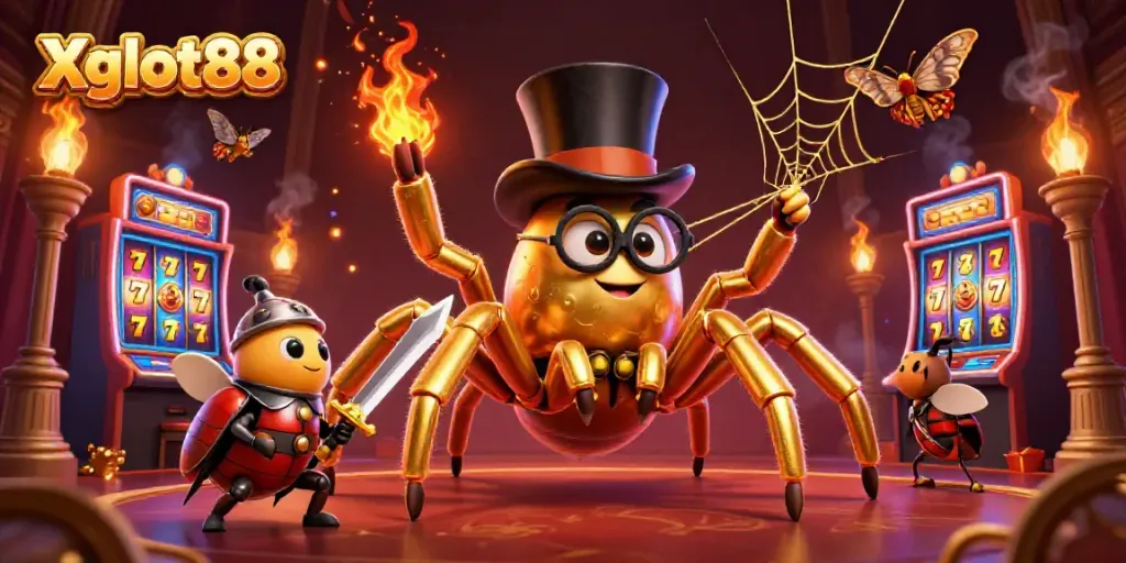 Xgslot88 menampilkan ilustrasi kartun 3D dengan laba-laba emas raksasa di kasino.