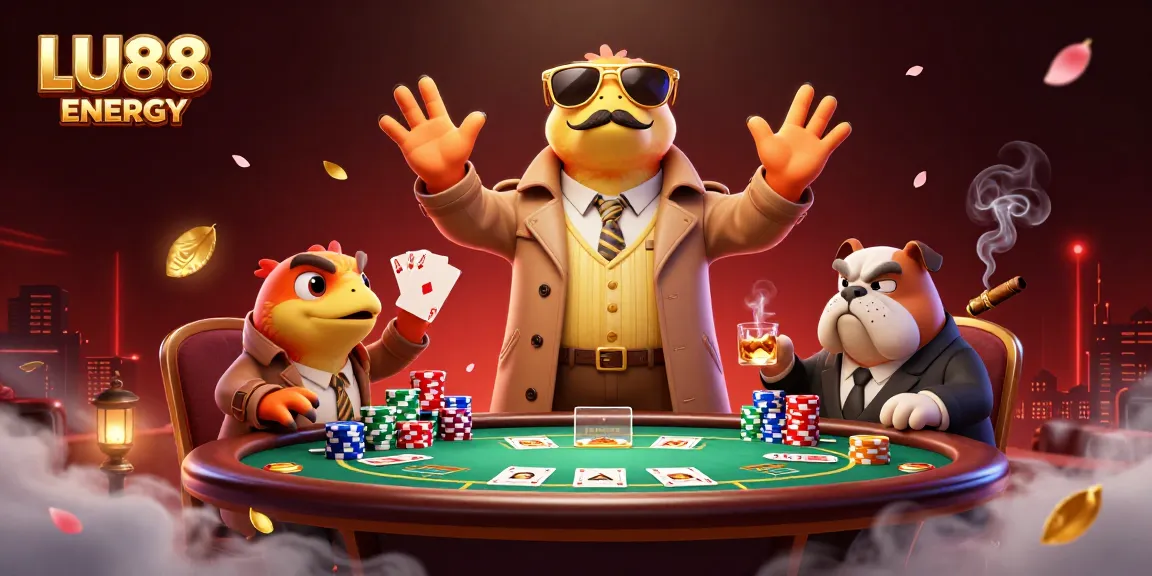 Experience LU88 ENERGY with playful raptors in a trench coat at a vibrant VIP casino lounge.