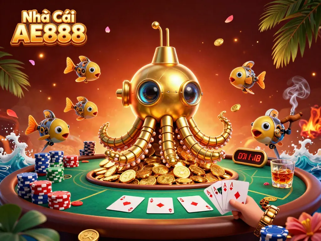 Join the adventure at Nhà Cái AE888 with a spectacular golden kraken submarine amidst gaming excitement!