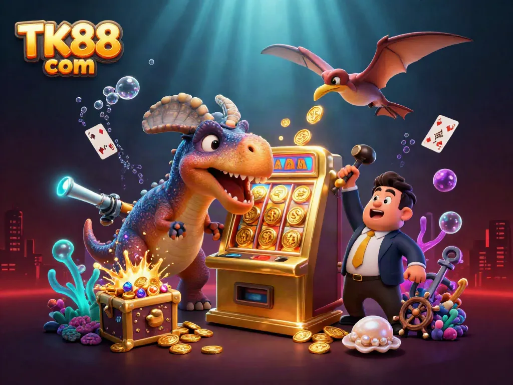 Witness excitement at TK88 com as a pachycephalosaurus wins jackpot coins in a vibrant casino scene.