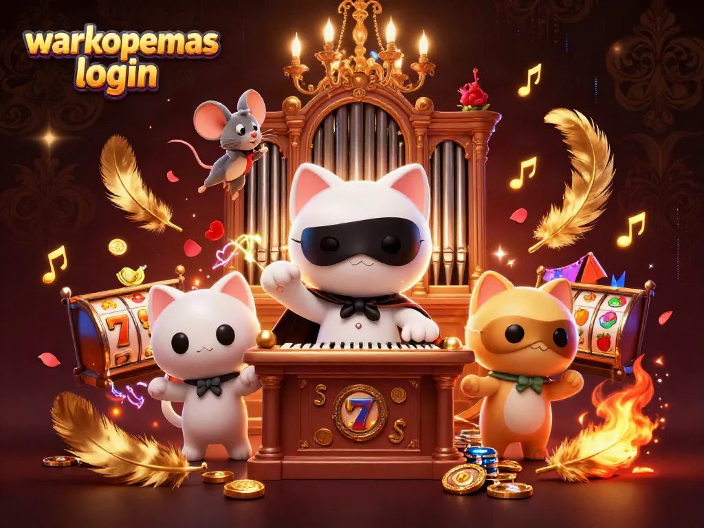 Login warkopemas dengan karakter kucing bertopeng dan mouse akrobat dalam suasana kasino.