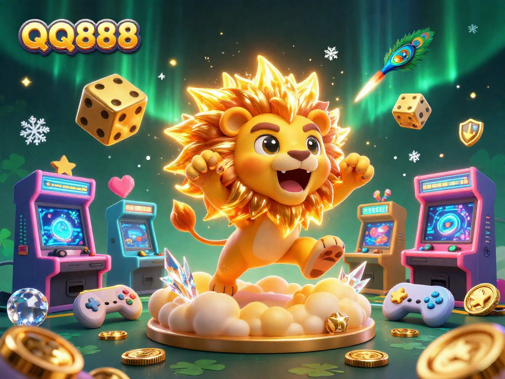Engage in exciting gameplay with QQ888 as a roaring lion presides over a dynamic casino paradise filled with game elements.