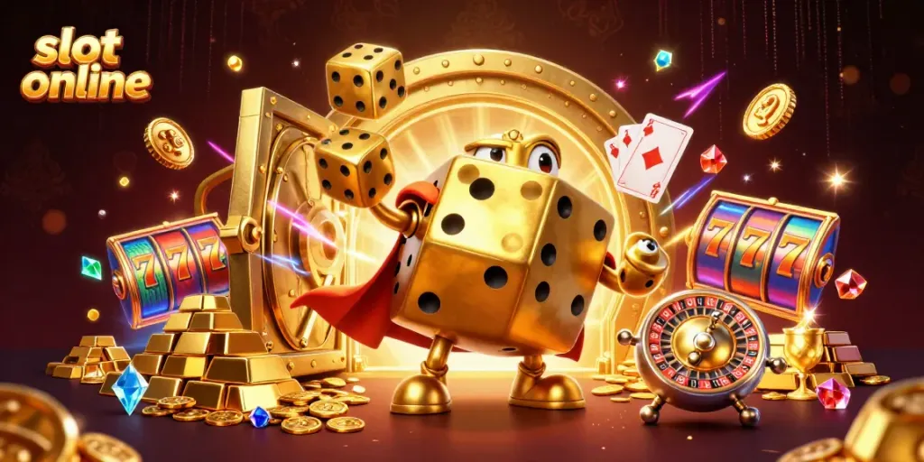 Slot online menampilkan karakter 3D yang membawa dadu emas, bersama harta karun berkilau dan mesin slot.
