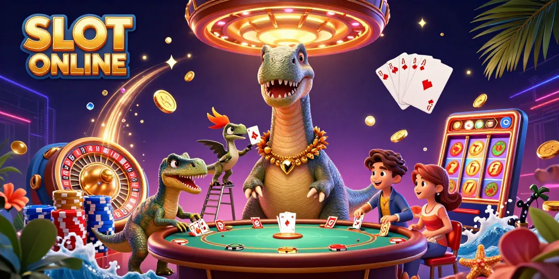 Play SLOT ONLINE with a whimsical scene of dinosaurs interacting with casino games and vibrant gold details.
