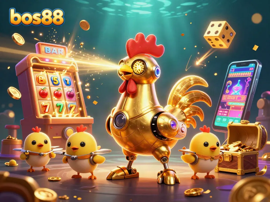 bos88 menyajikan ilustrasi kasino penuh warna dengan robot ayam dan simbol permainan yang menarik.
