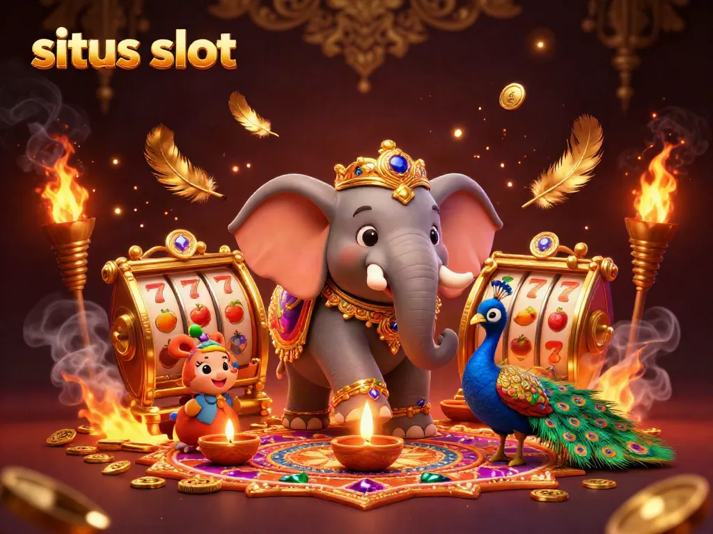 Menggulung situs slot dengan simbol buah, bersama gajah Diwali dan burung merak berwarna-warni di bawah efek cahaya dramatis.