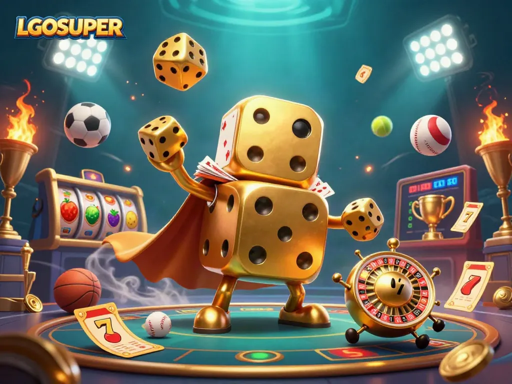 Experience LGOSUPER excitement with golden dice golem juggling symbols in a vibrant casino scene.