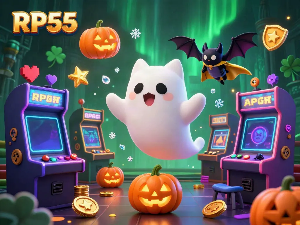 Experience the thrill of gaming with RP55's ghostly cat and bat in a haunted casino setting.