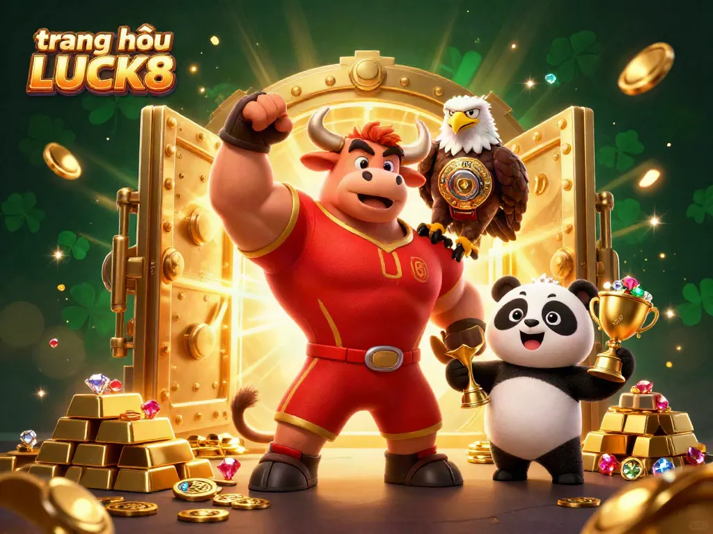 Experience vibrant gaming at trang chủ LUCK8 with golden treasures and lively characters celebrating victory.