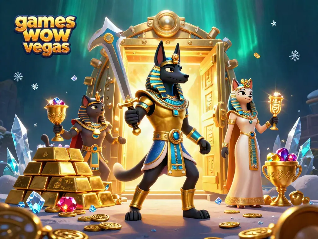 Play thrilling slot games like wow vegas with ancient Egyptian themes in this vibrant illustration.