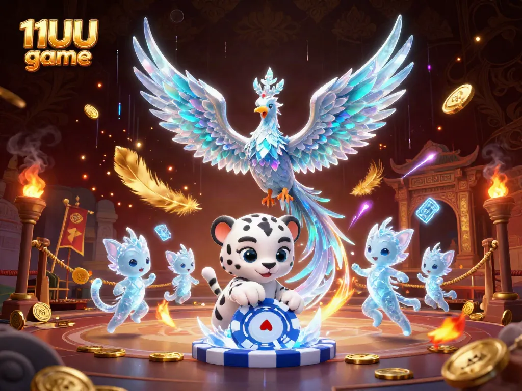 Engage with 11UU game in an energetic scene featuring an ice phoenix and vibrant casino elements.