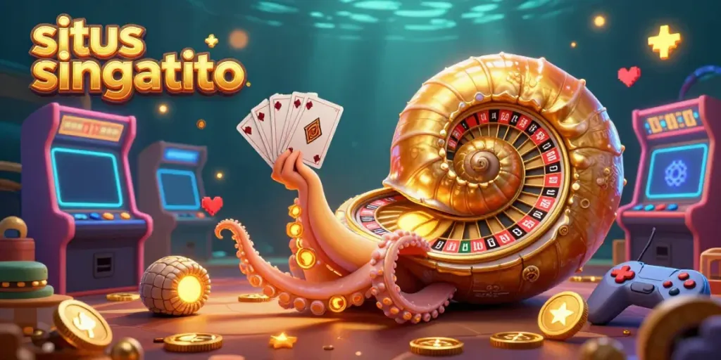 Situs singatoto showcases a vibrant 3D casino scene with a nautilus roulette wheel and lively gaming elements.