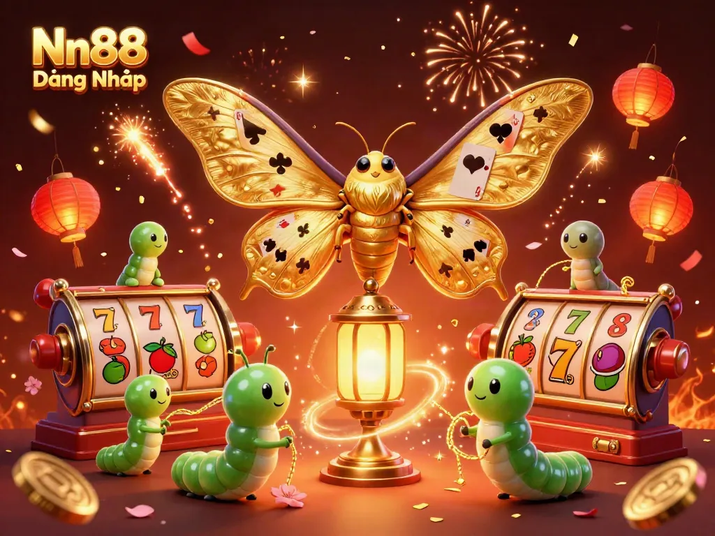 Engaging Nn88 Đăng Nhập scene featuring a cartoon atlas moth and golden casino elements.
