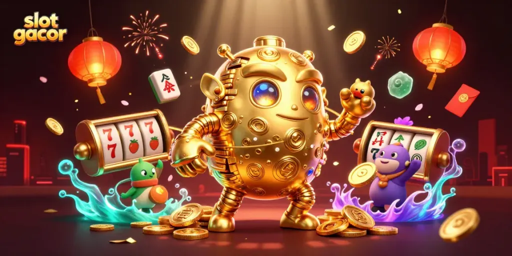 Experience slot gacor excitement with a vibrant 3D scene featuring ancient golem and shimmering casino elements.