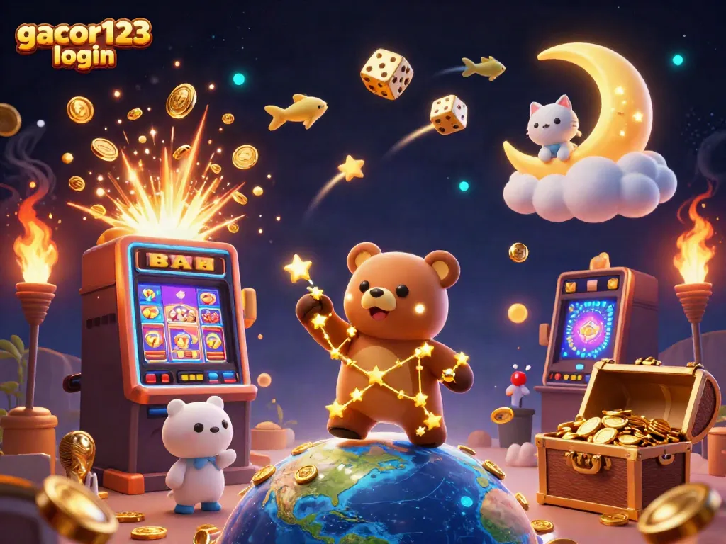 Win jackpots with gacor123 login in this vibrant casino-inspired scene featuring a constellation bear.