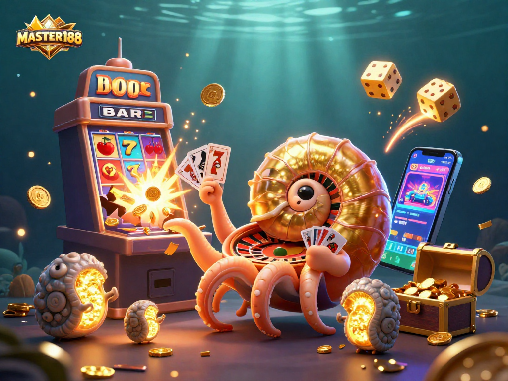 Experience thrilling wins at MASTER188 casino with a vibrant 3D illustration of engaging gaming elements.