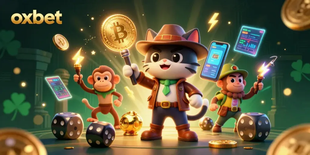 Experience the excitement at Oxbet with vibrant 3D casino adventure and glowing cryptocurrency elements.