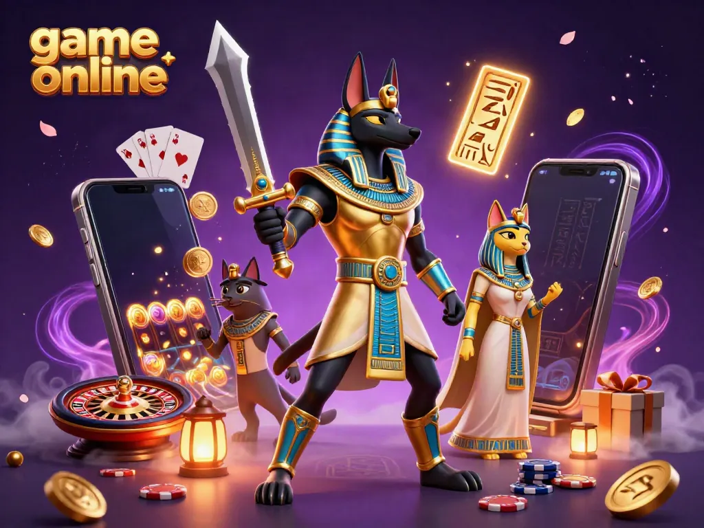 Experience thrilling game online with Anubis and Bastet amidst vibrant casino elements.
