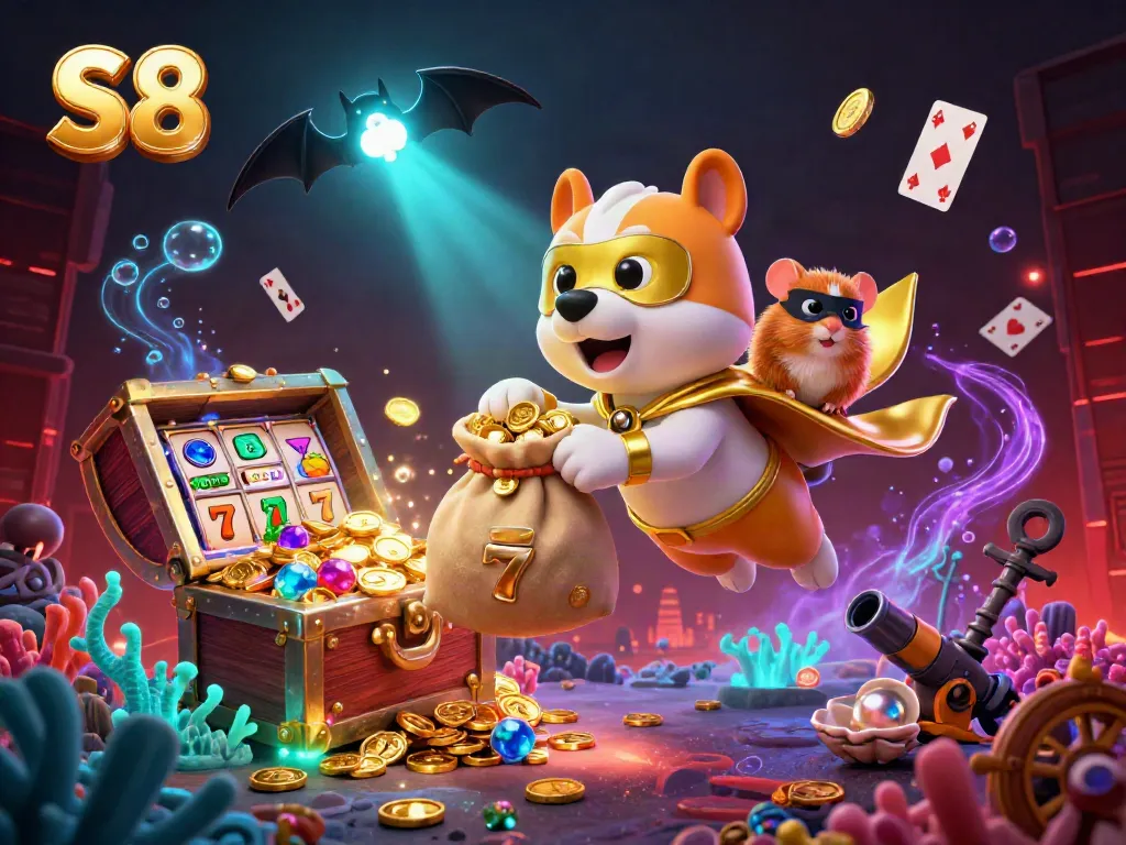 S8-themed gambling scene with a superhero dog, hamster companion, and vibrant casino elements.