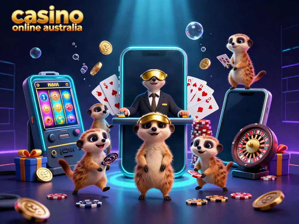 Engaging 3D scene showcasing a meerkat casino operation with vibrant casino elements, highlighting casino online australia.