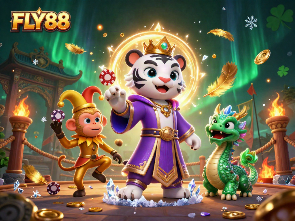 Experience FLY88's vibrant casino atmosphere with an exciting scene of a tiger, monkey, and dragon.