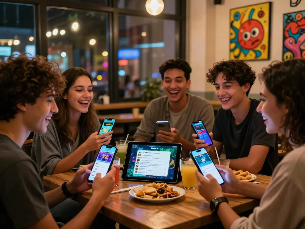 Teman-teman menggunakan aplikasi MARTOTO untuk bermain game di kafe, menciptakan suasana hangat dan seru.