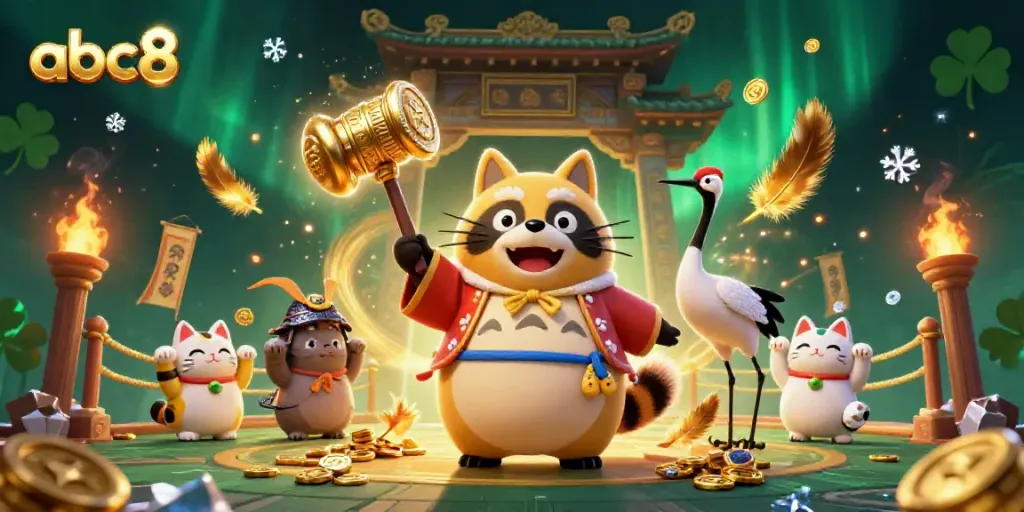 Experience thrilling gaming scenes with ABC8's cheerful tanuki and samurai crane, enhancing your casino adventure.