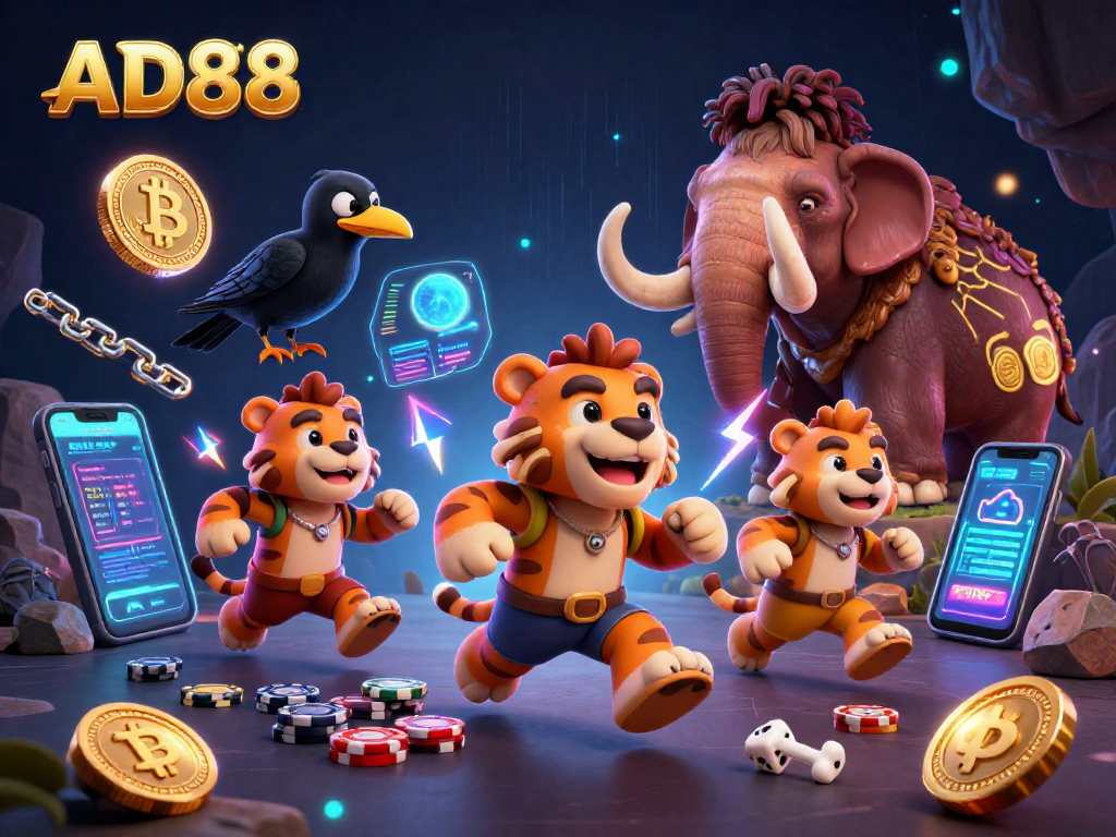 AD88 offers immersive gaming experiences with 3D characters in a vibrant casino setting.
