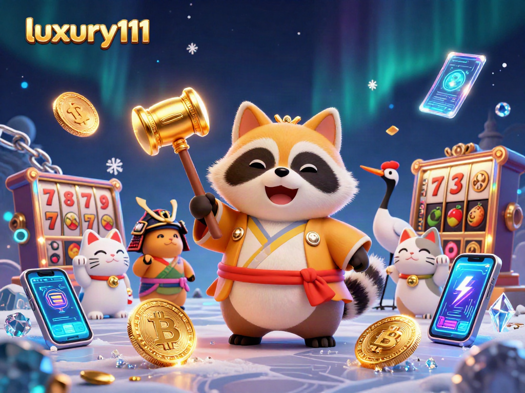 Play slots with luxury111 in a joyful scene featuring 3D tanuki and magical symbols.