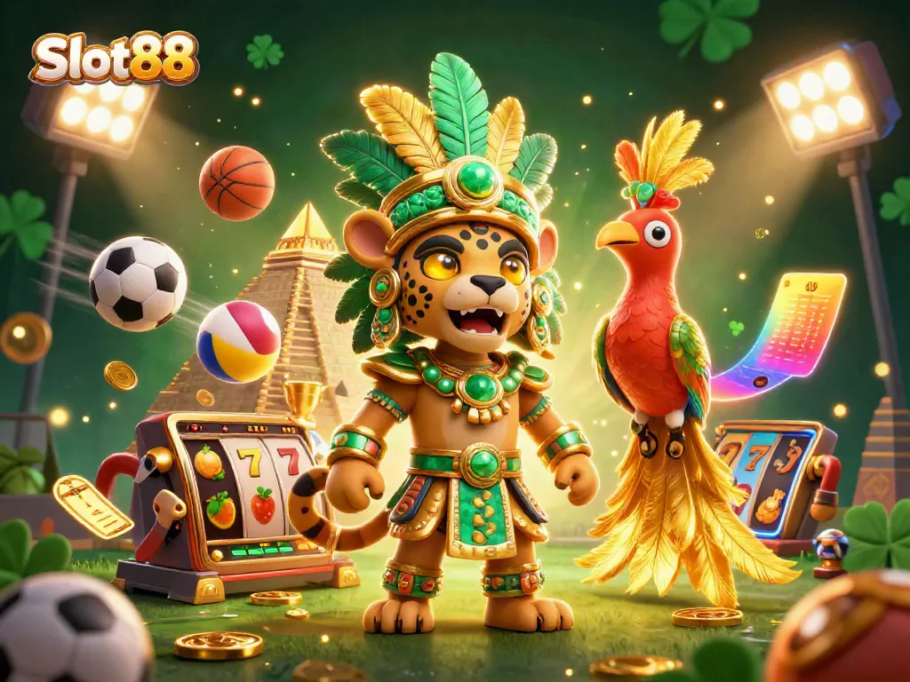 Engage with Slot88's thrilling world, showcasing a vibrant 3D cartoon scene of a Mayan priest and quetzal bird in a casino atmosphere.