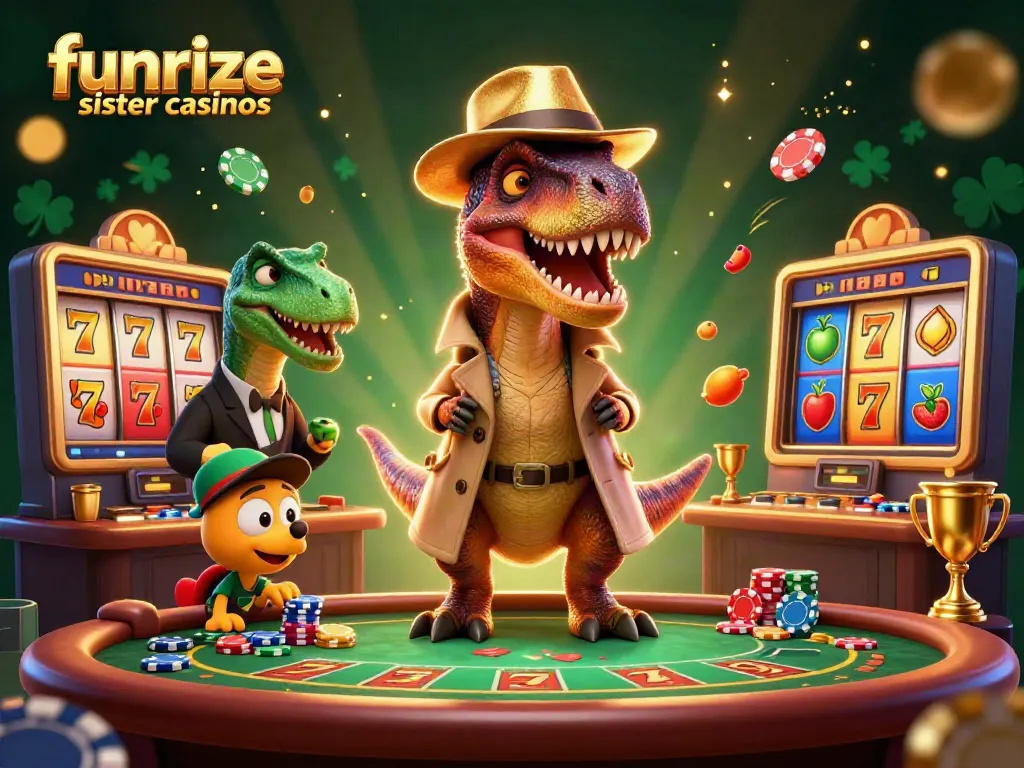 Experience the thrill of funrize sister casinos with a cartoon velociraptor playing blackjack.