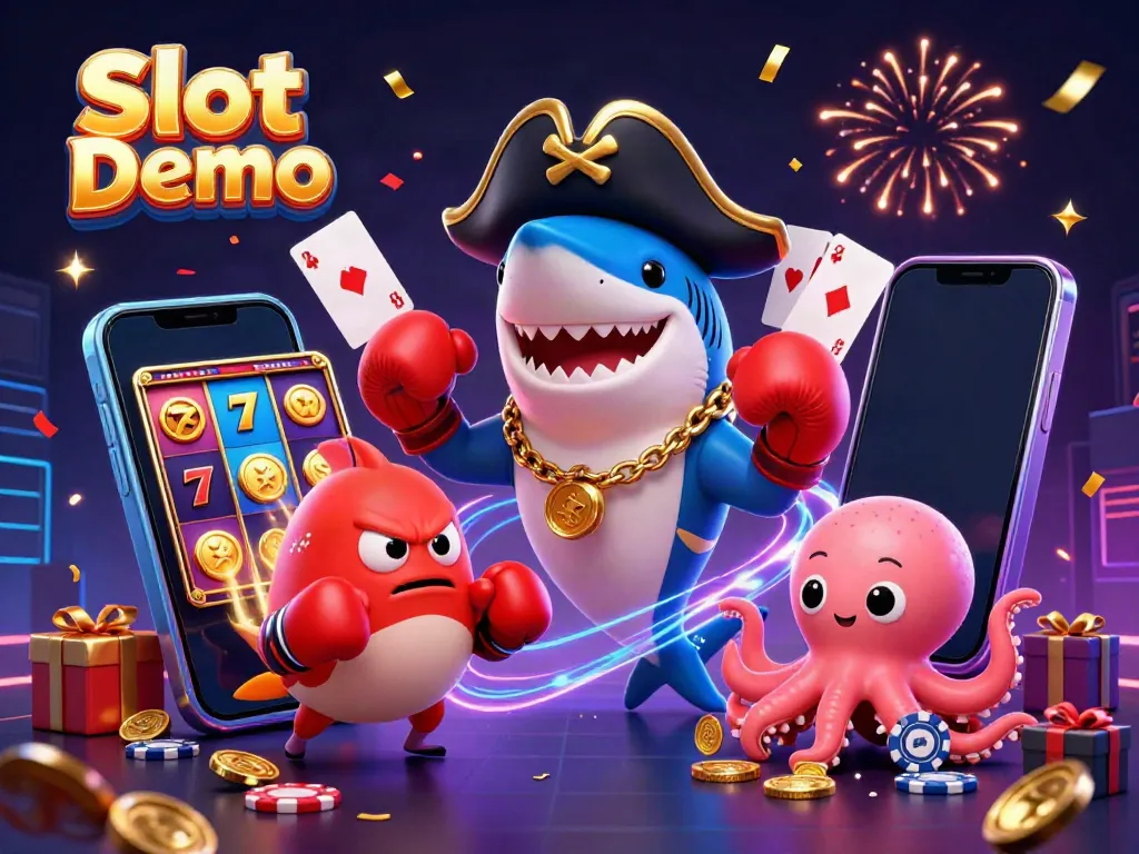 Experience thrilling Slot Demo action with a cartoon pirate shark and friends engaging in vibrant casino gameplay.