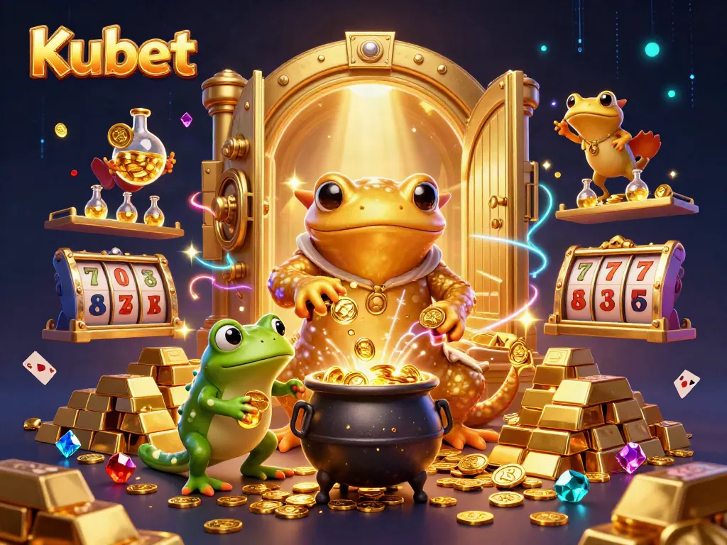 Kubet transforms gaming with dynamic golden illustration featuring alchemist and vibrant casino elements.