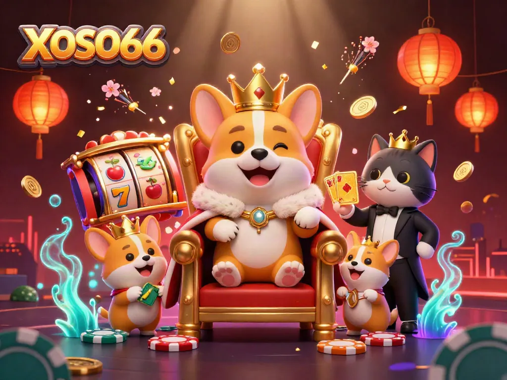 XOSO66 offers a vibrant scene with a royal corgi and a cat butler amid slot machines, celebrating the casino experience.