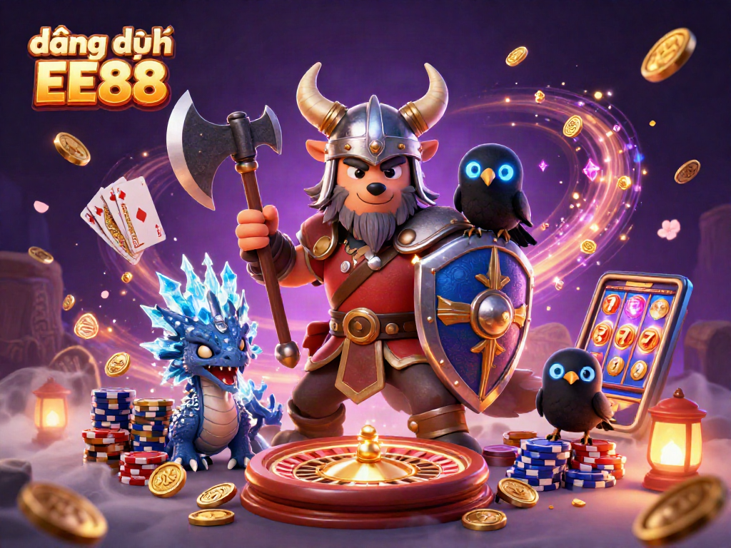 Experience the thrill of đăng ký EE88 with a Viking wolf warrior, dragon, and casino elements.