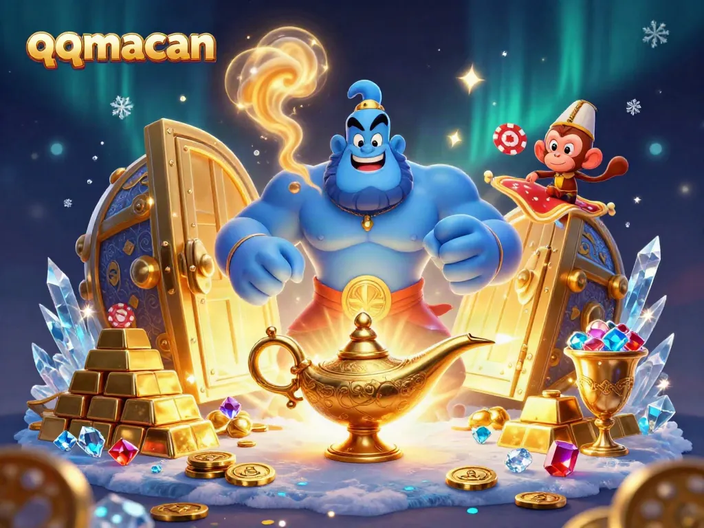Engage with qqmacan as a genie emerges with a treasure vault in a stunning magical scene.