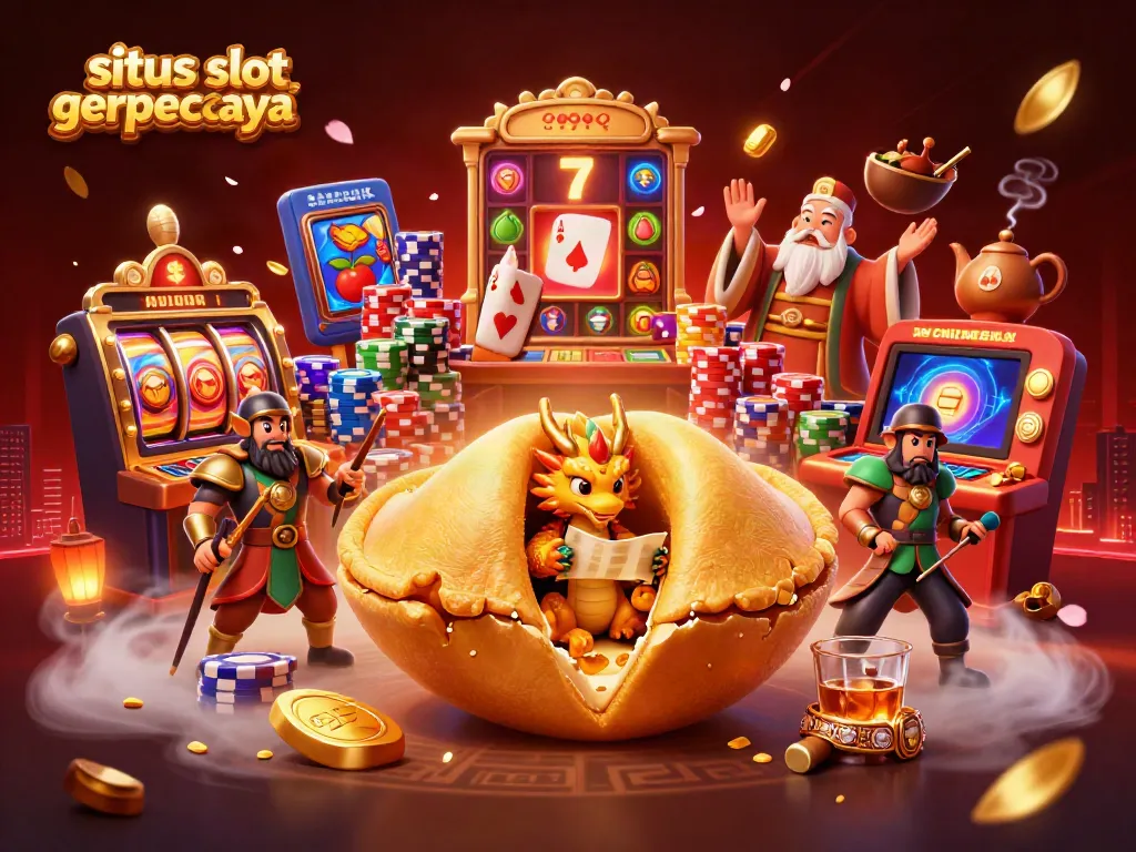 Experience excitement at situs slot gacor terpercaya with a vibrant 3D casino scene and golden fortune cookie characters.