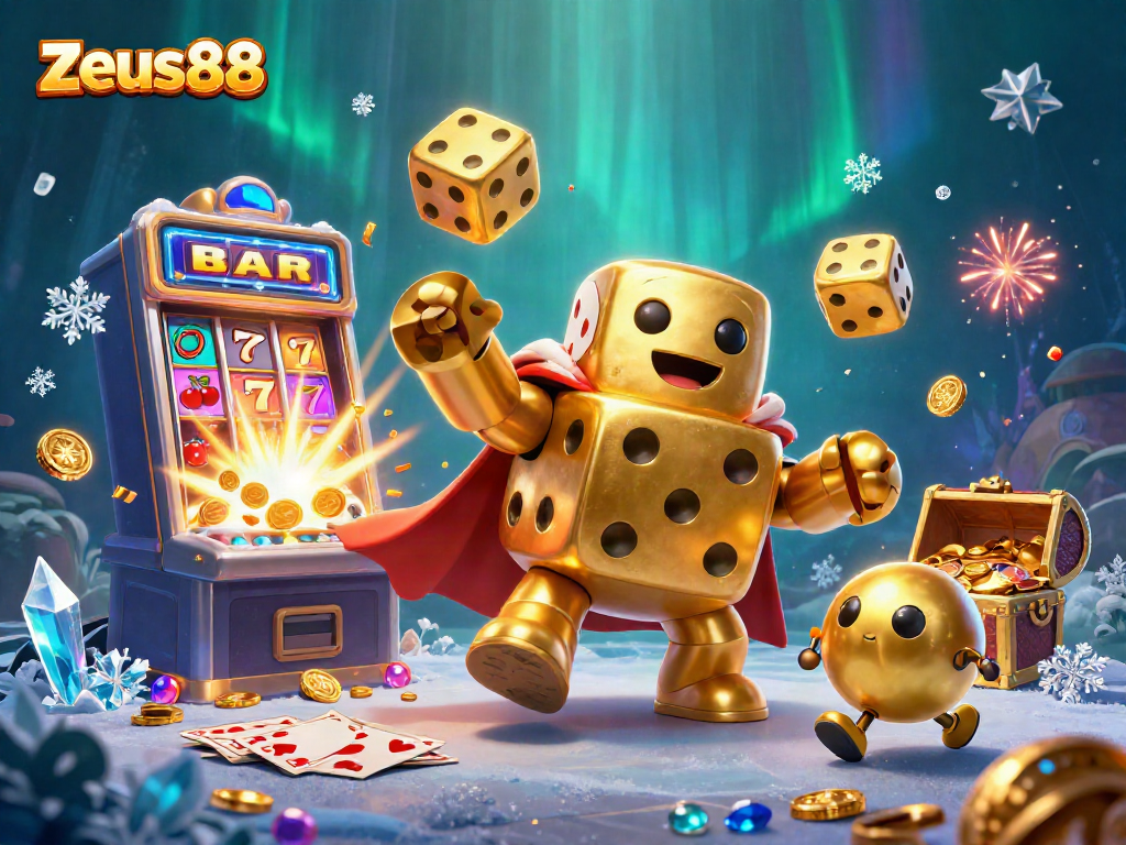 Experience the excitement of Zeus88 with a dynamic 3D casino illustration featuring golden dice and slot magic.