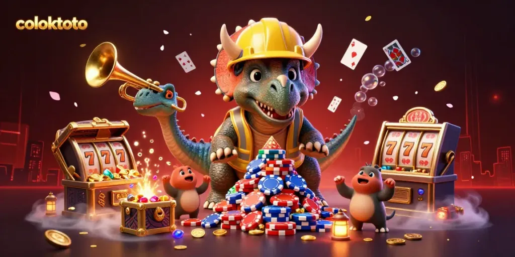 Experience the fun of coloktoto with animated dinosaurs celebrating a poker chip pyramid amidst casino-themed elements.
