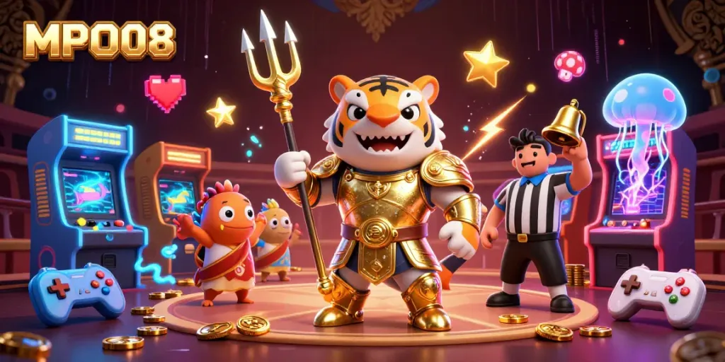 MPO08 features a dynamic underwater colosseum scene with a golden gladiator shark amidst casino elements.