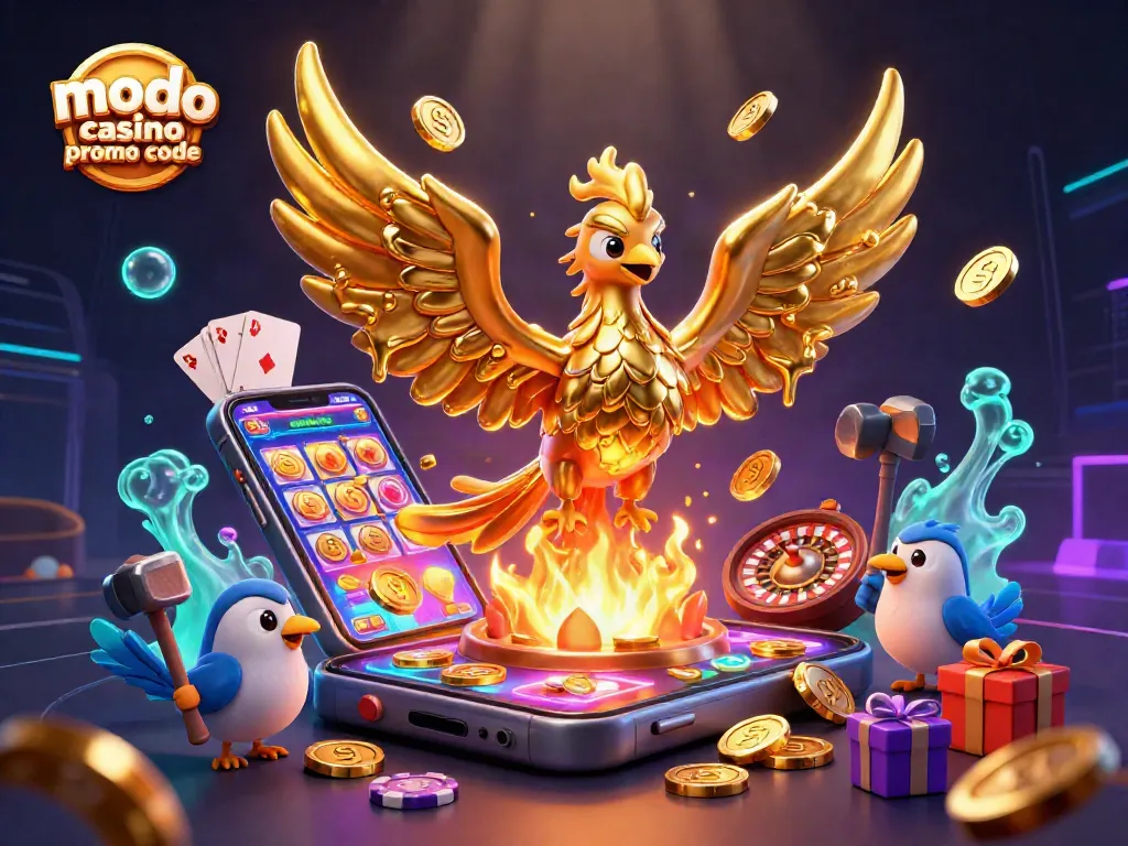 Win big with Modo Casino promo code, featuring a golden phoenix and dynamic slot game elements.