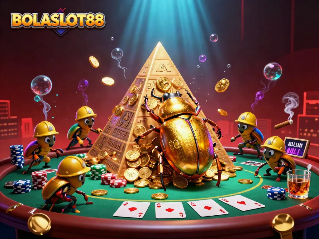 BOLASLOT88 showcases a golden beetle rolling coins in an exciting casino scene filled with poker elements.