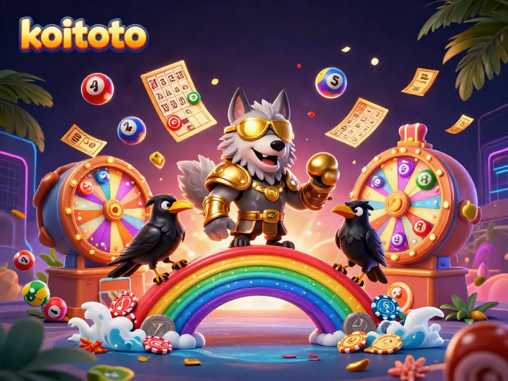 Koitoto lottery action scene with Norse god characters and colorful game elements.