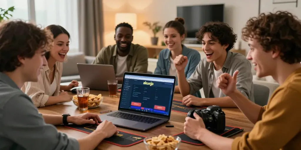 Akunjp online gaming atmosphere with friends celebrating at a laptop.