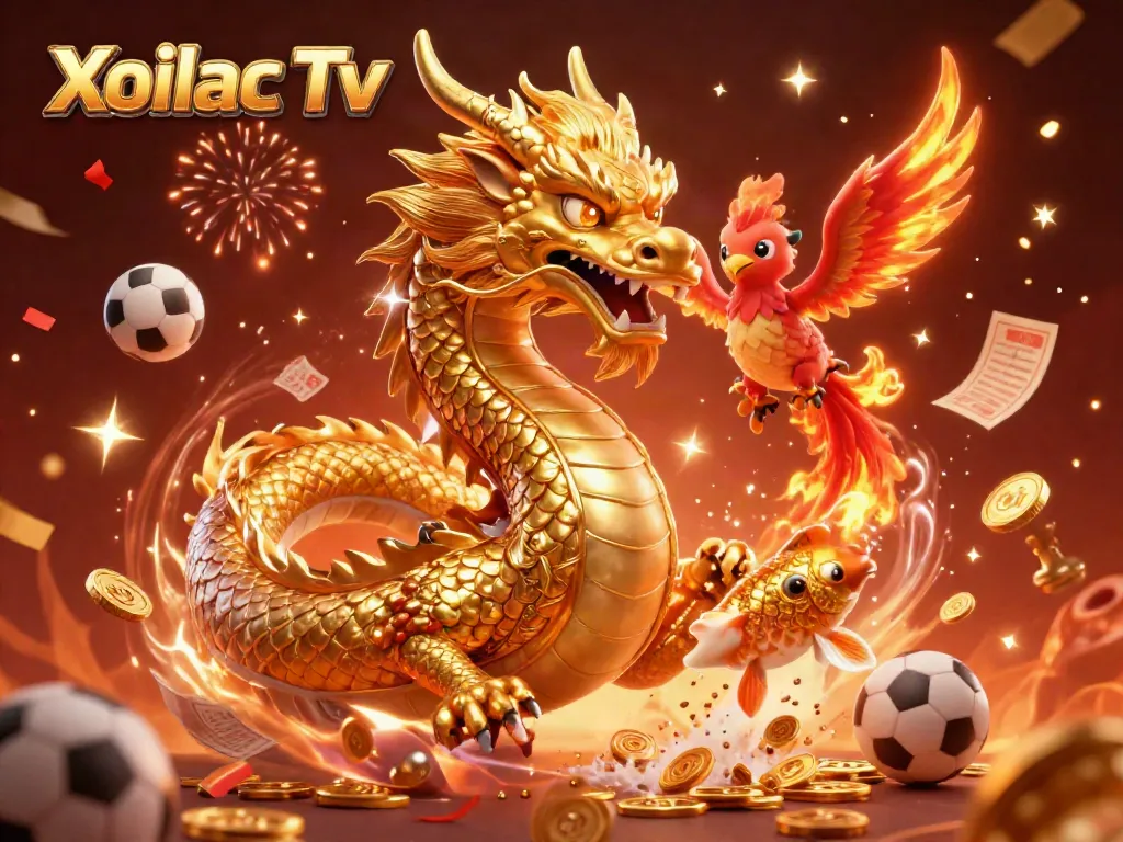 Experience exhilarating sports betting with Xoilac Tv as a dragon and phoenix symbolize fortune and success.