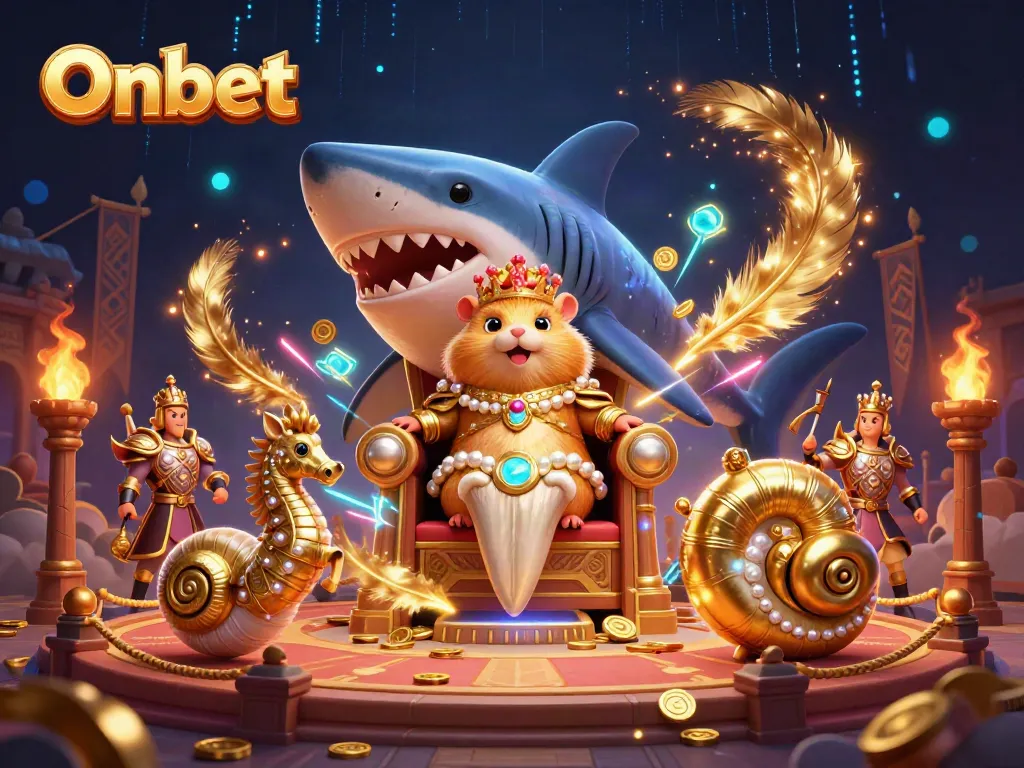 Onbet showcases a fierce hamster king on a megalodon throne in a dazzling casino scene.