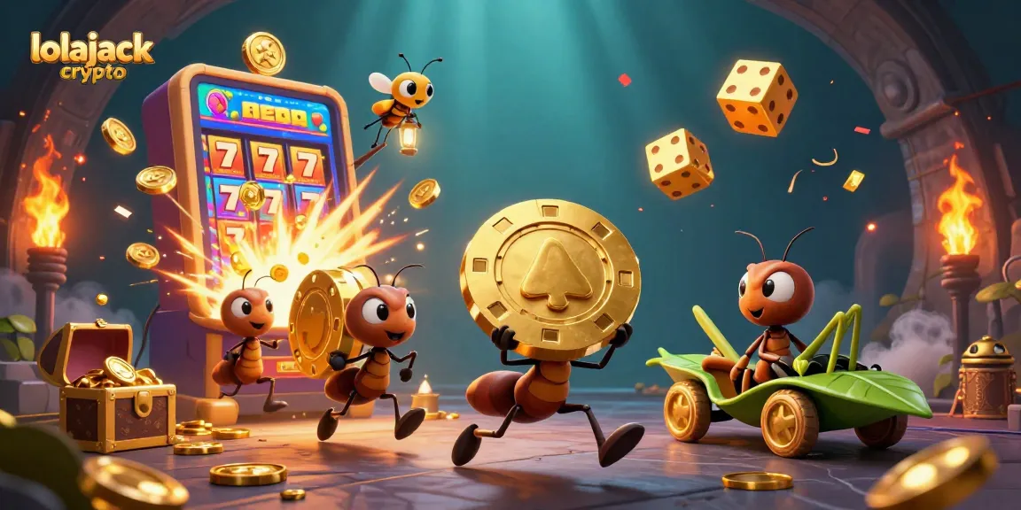 Engaging scene of lolajack crypto, showcasing ants heisting a massive poker chip with casino elements.