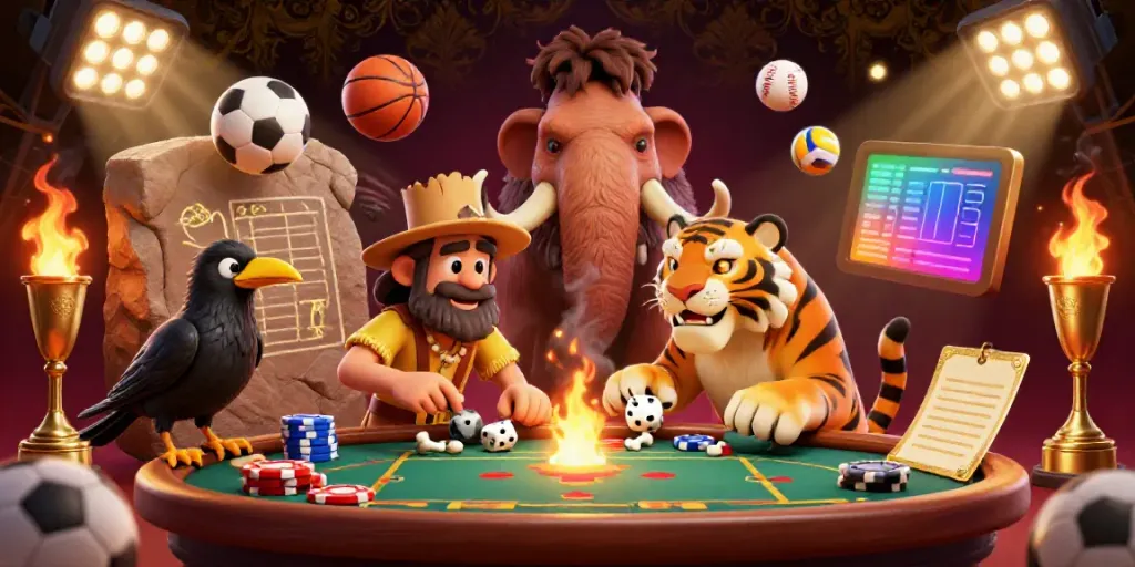 Engage in exciting games at agen mix parlay bola with a prehistoric casino featuring sports balls, glowing trophies, and more.