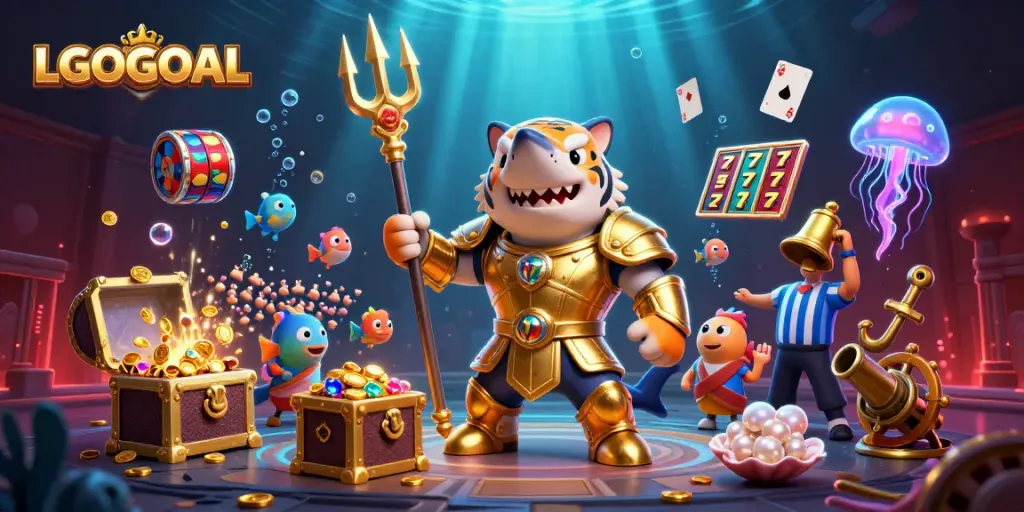 Engage with LGOGOAL's exciting underwater casino scene featuring a vibrant tiger shark amidst thrilling game elements.